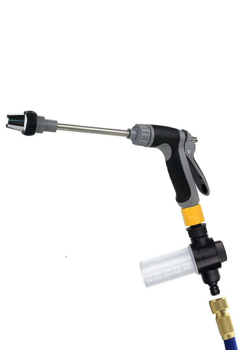High-pressure car wash water gun set in grey with foam pan and water hose