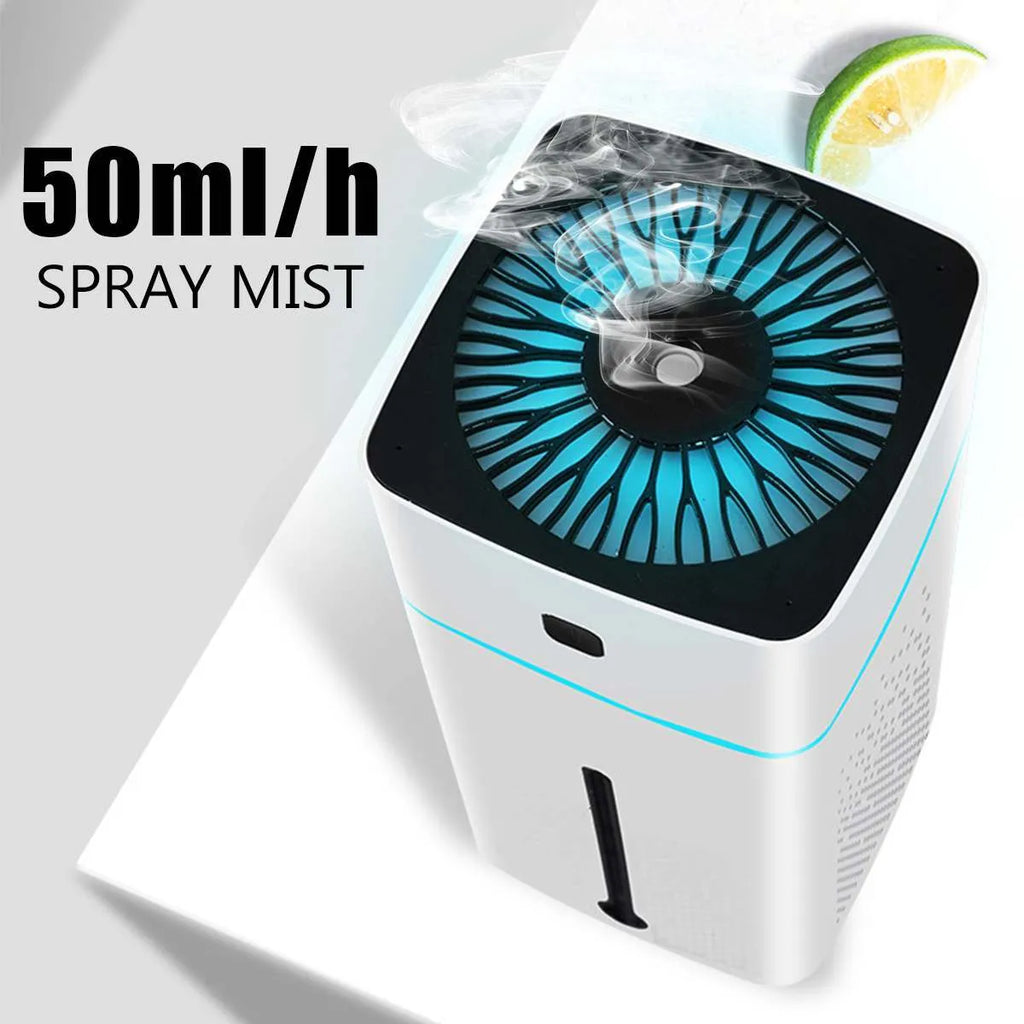 Black and white USB-powered desktop humidifier with 1000ml water tank on a desk.