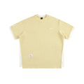 Retro alphabet embroidered loose fit short-sleeved waffle t-shirt on a hanger.