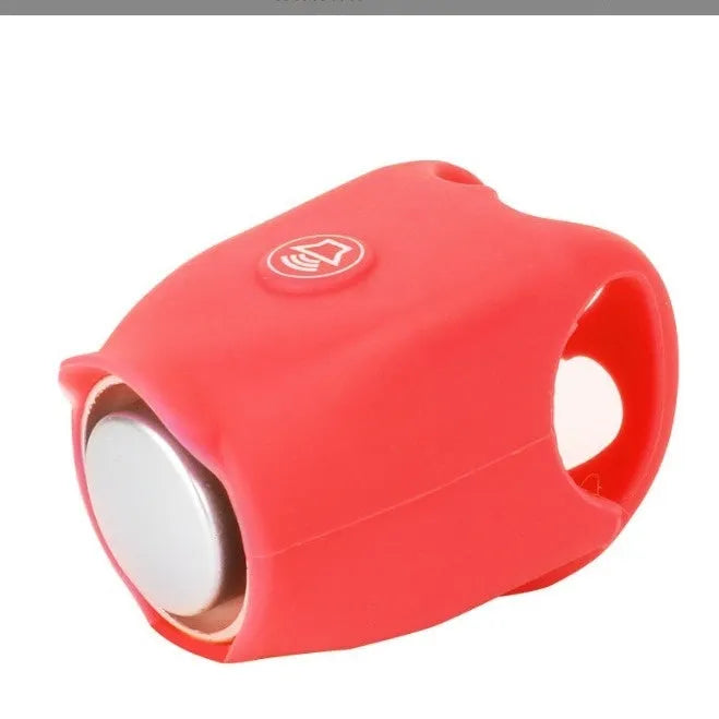 A plastic bicycle electronic horn in a choice of colours, showing handlebar mounting and two button cell batteries.