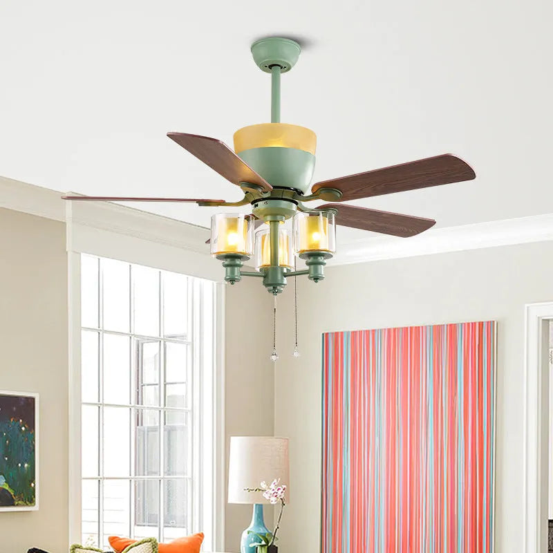 Dark green American style ceiling fan lamp, 120cm diameter, iron glass and wood leaf, E27 x 3 light source