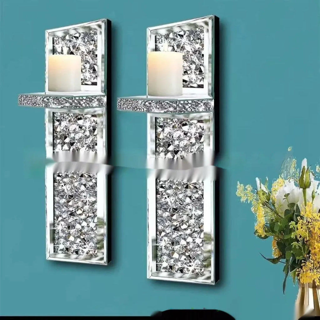 Silver mirror glass wall hanging candle holder set with crystal candlesticks measuring 10x11x38 cm