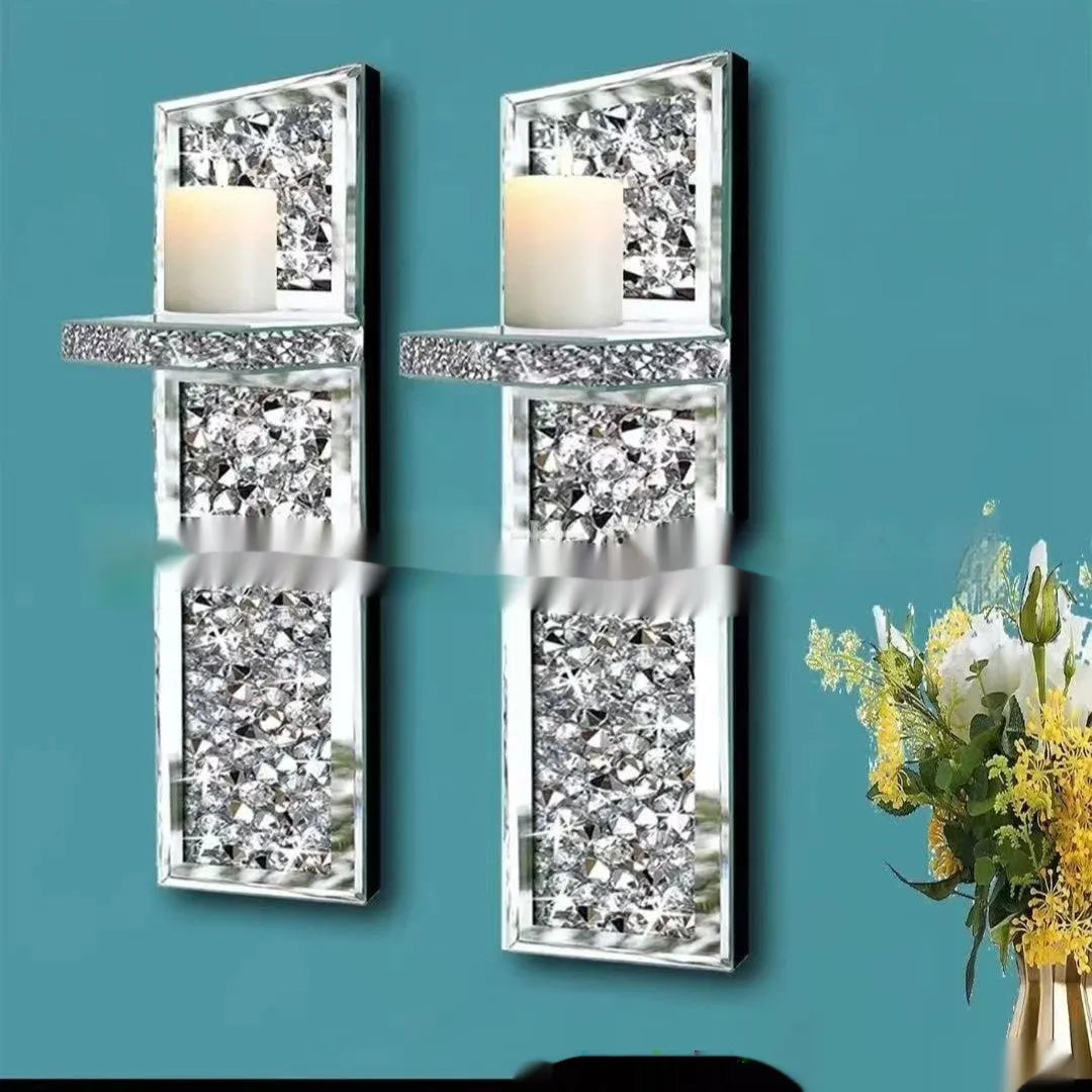 Silver mirror glass wall hanging candle holder set with crystal candlesticks measuring 10x11x38 cm