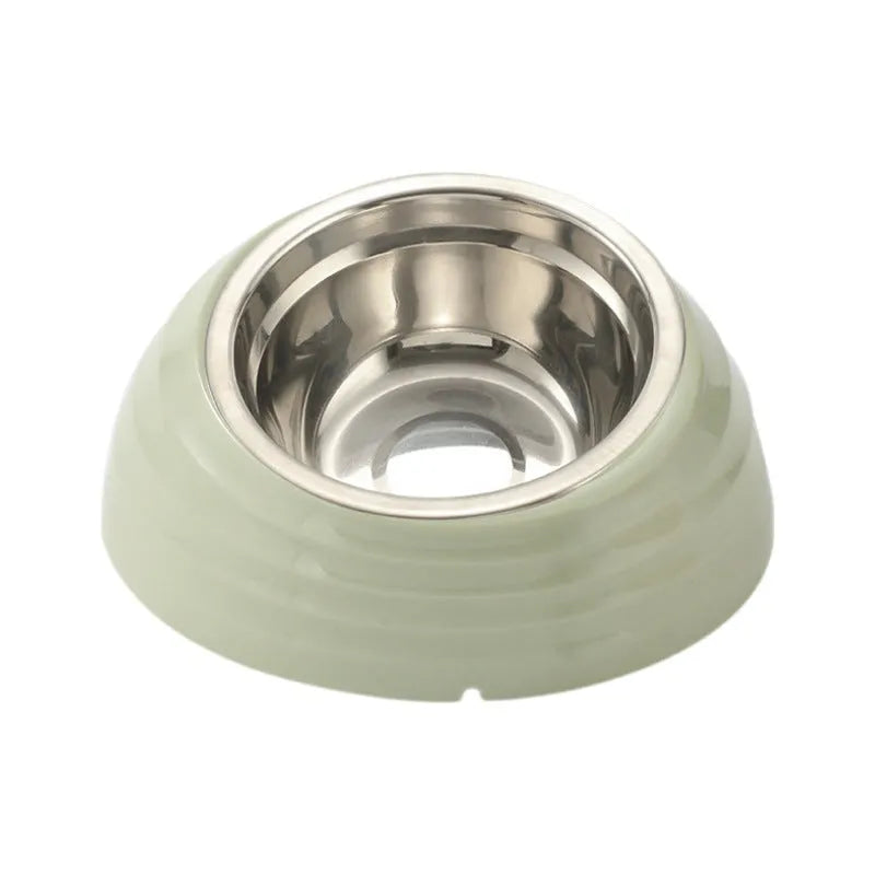 Stainless steel cat bowl with plastic base in light green, beige, and brown colour options