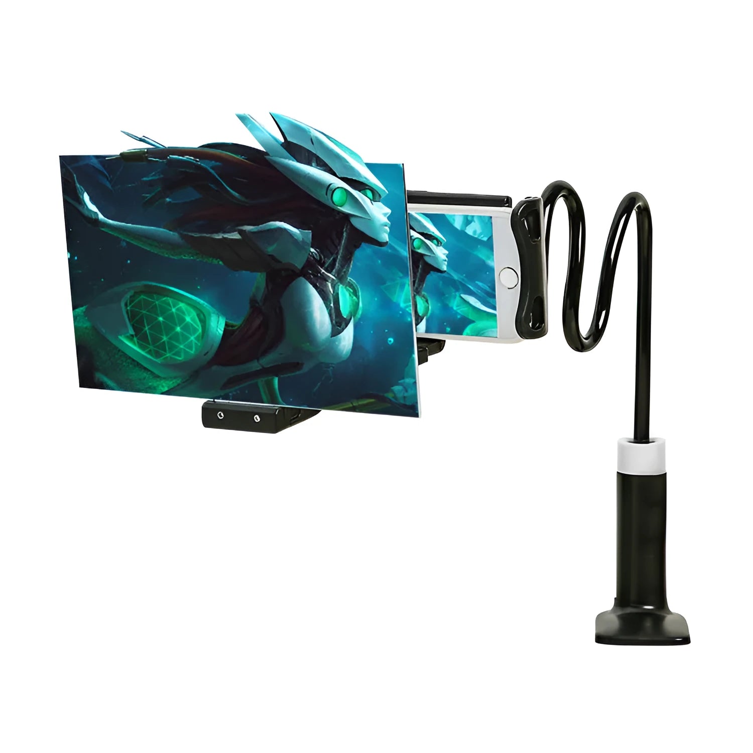 Black 12-inch mobile phone screen amplifier with adjustable folding stand on a table.
