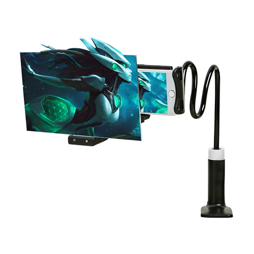 Black 12-inch mobile phone screen amplifier with adjustable folding stand on a table.