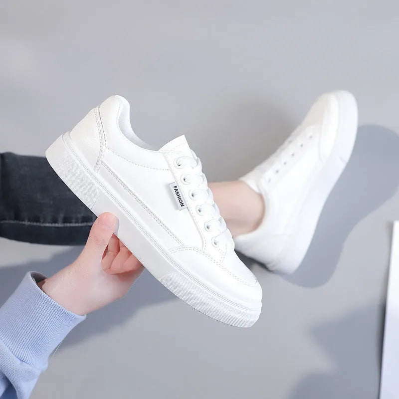 Korean style white low-top sneakers with artificial PU upper for women