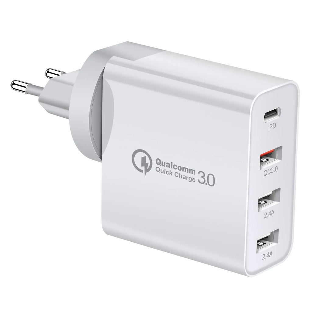 Black 48W PD wall charger with four USB-C ports and a UK plug.