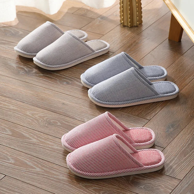 Household stripes indoor non-slip cotton slippers with PVC sole and round toe in khaki colour