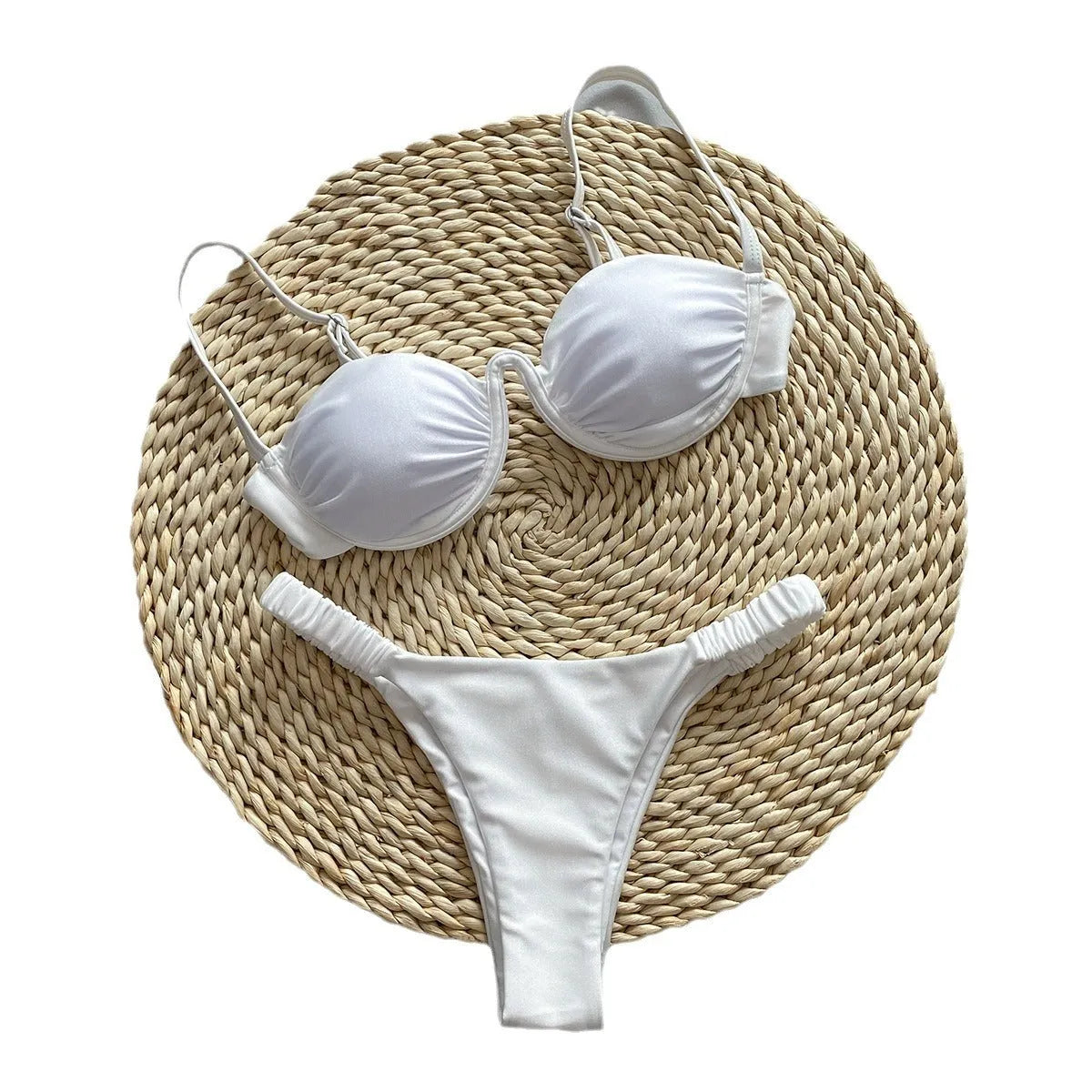 Women's black underwire bikini swimsuit set with high-leg briefs.