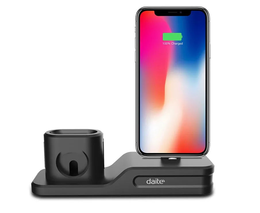Black silicone 3-in-1 charging base for Apple iPhone, iWatch and AirPods