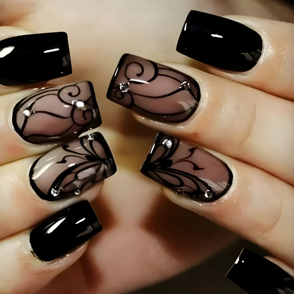 Black vine wearable nails with jelly glue, ultra-thin seamless finish, plaid pattern, one box set