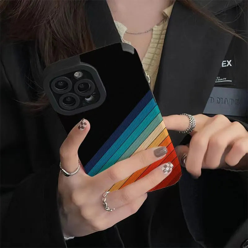 Imitation leather iPhone case with metal stamping stripe line pattern in Flower, Rainbow, or Zebra stripe colour.