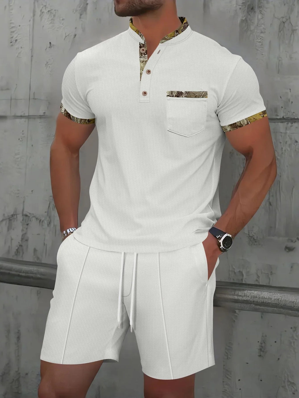 Men's gray waffle texture short sleeve polo suit with matching shorts on a hanger