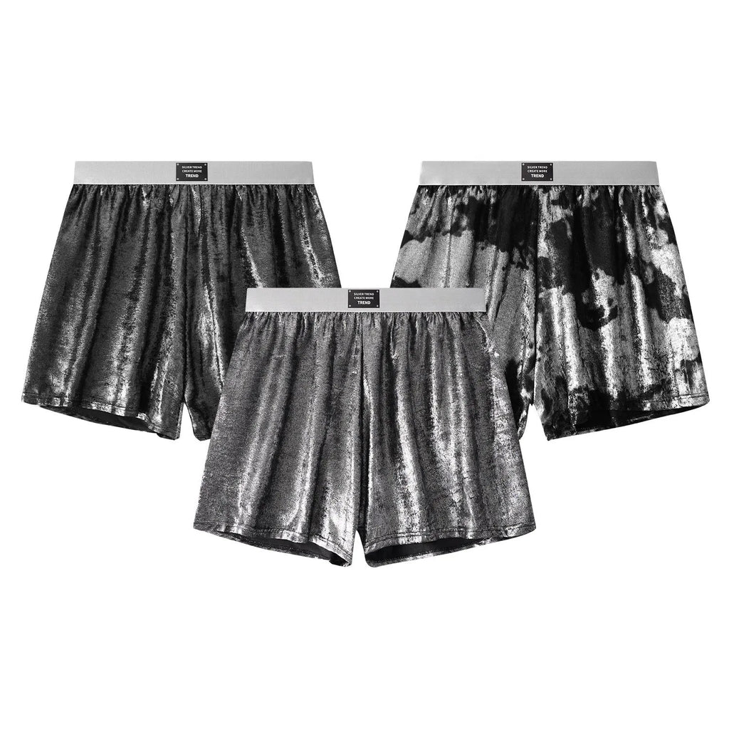 Men's reflective bright silver woven polyester sport underwear on a mid-rise waist.