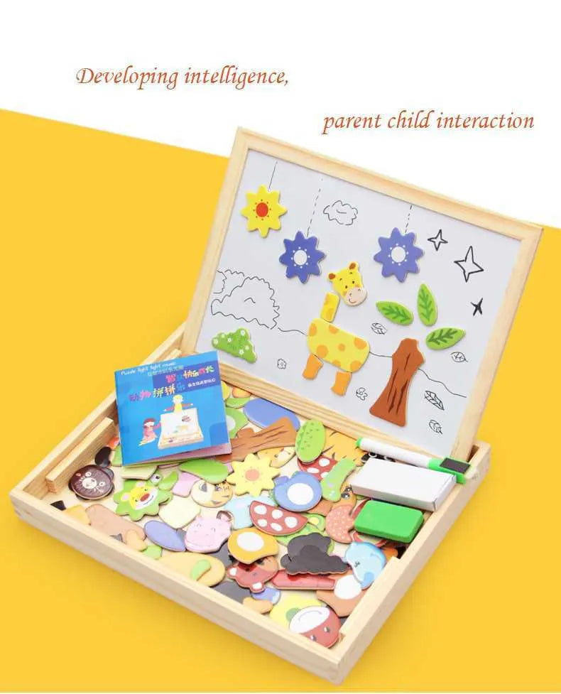 Wooden magnetic puzzle board with animal and circus theme pieces for children's educational play