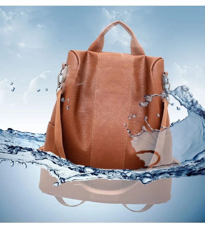 Women's solid colour large capacity PU leather backpack with zipper, black, 31x15x32cm