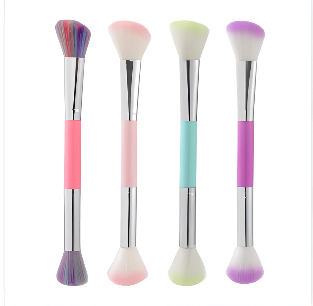 Double-headed makeup brush with soft fibre bristles for powder blush highlight in multicolour
