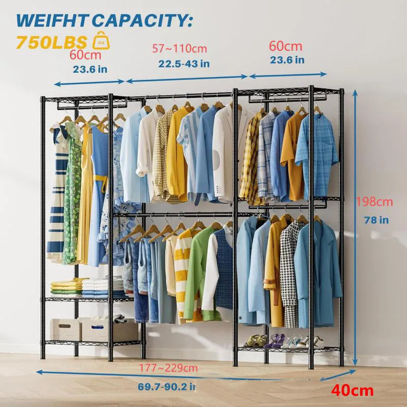 Black metal freestanding floor storage rack for clothes hangers, trousers, and ties.
