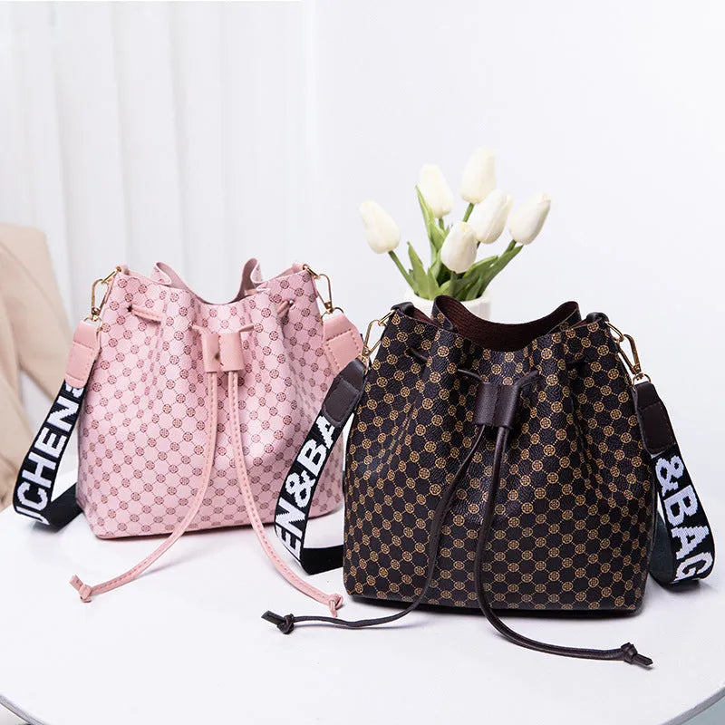 Printed PU bucket bag multi-layer soft leather women's crossbody shoulder bag brown front view
