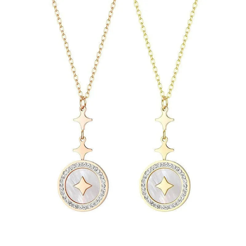 Gold titanium steel necklace with six-pointed star diamond pendant on O-ring chain