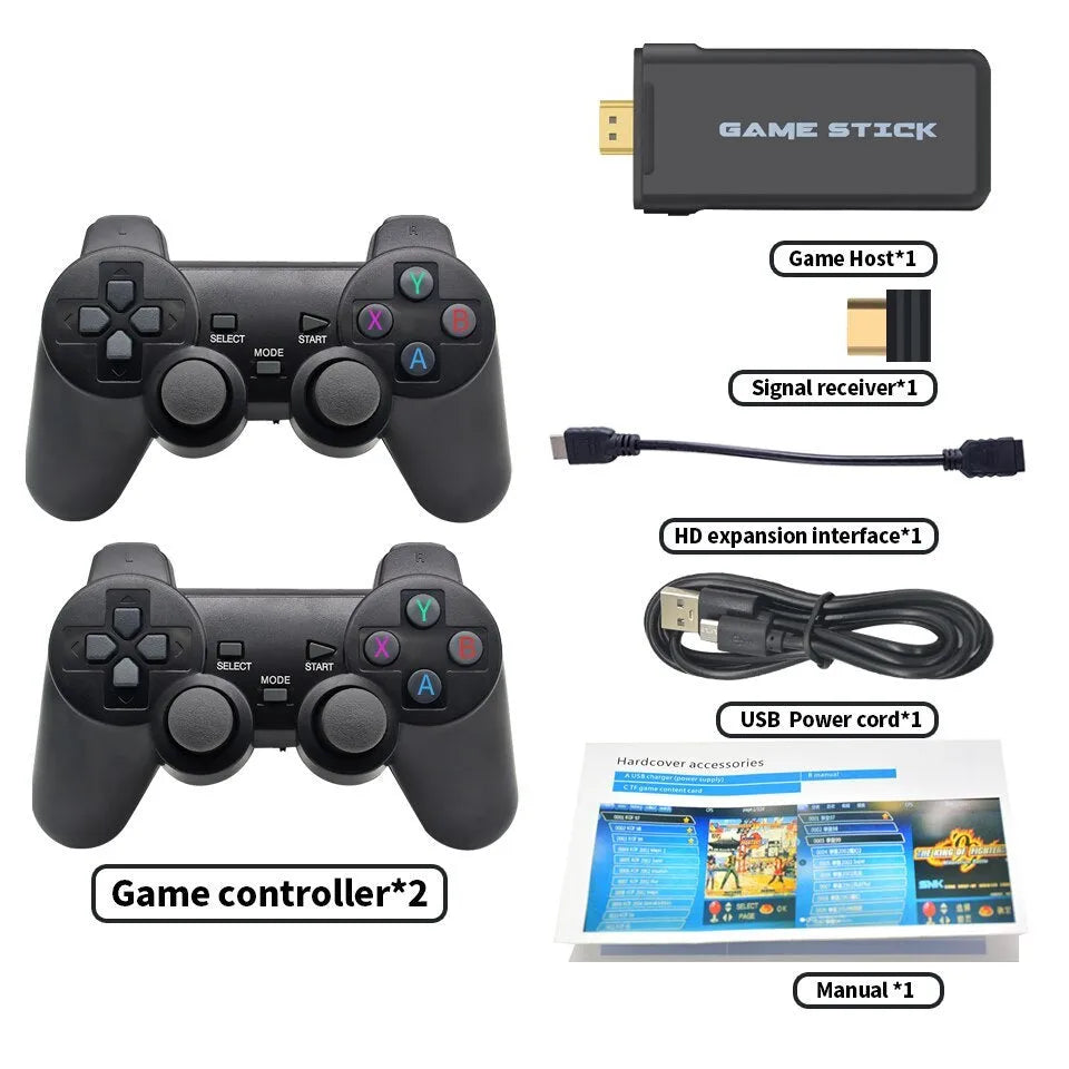 Y2HDMAX 2.4G wireless game console with two controllers and built-in TF card showing game selection screen