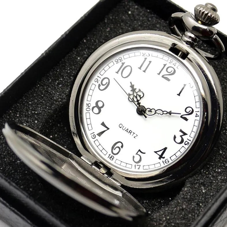 Retro black silver steampunk quartz pocket watch with stainless steel chain 30 cm on black background