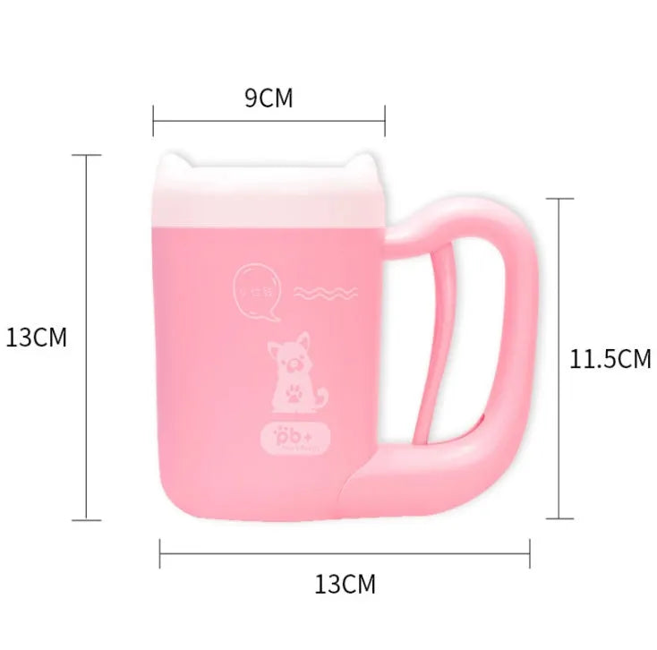 Pink pet paw cleaning cup with silicone brush and handle