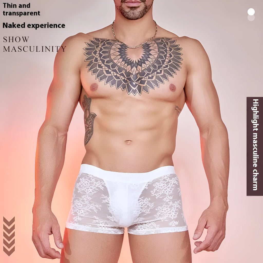 Black lace design men's nylon boxers on a white background