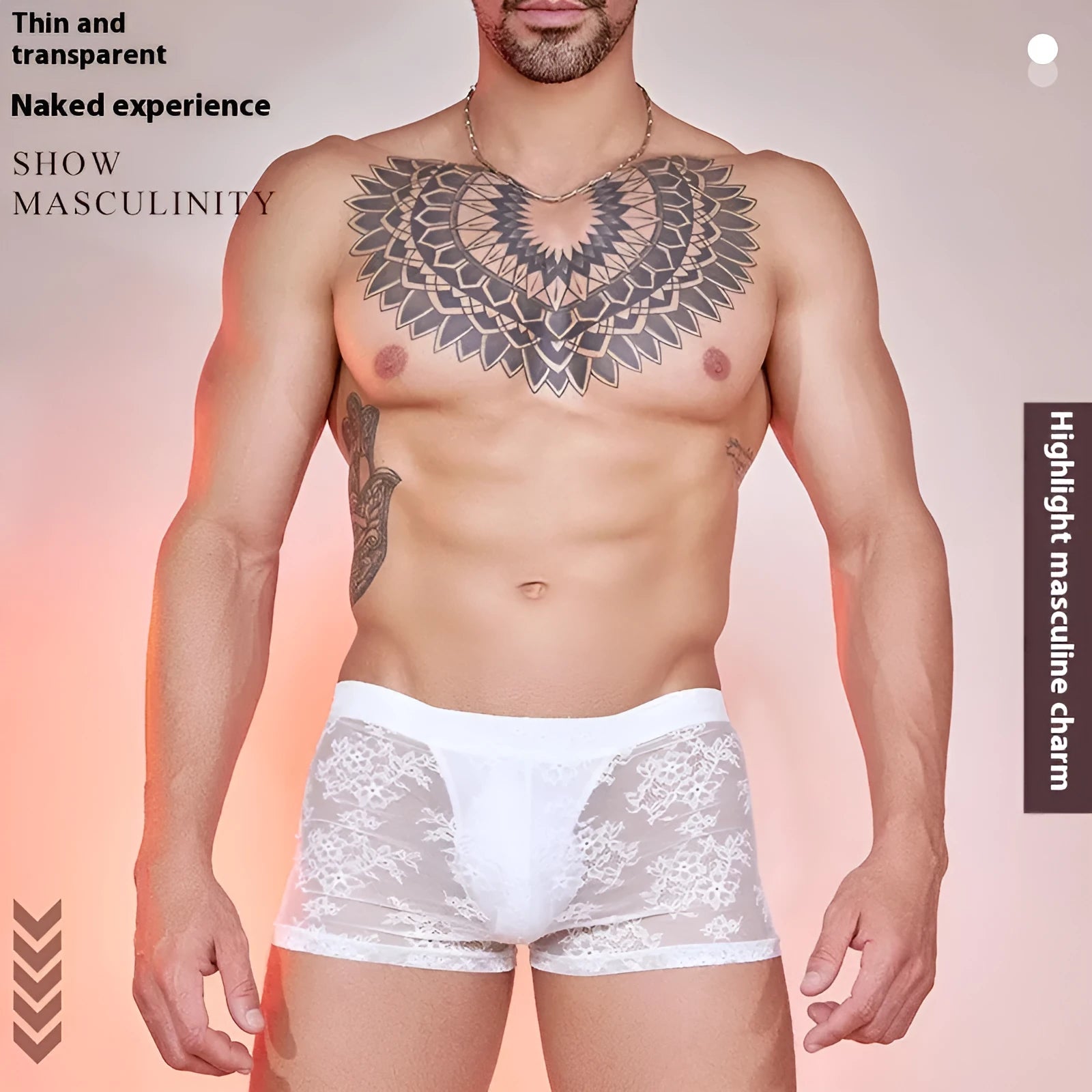 Black lace design men's nylon boxers on a white background