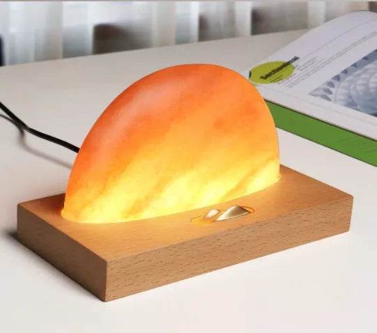 Sunrise Oriental wooden base table lamp with natural salt block shade and wireless phone charging