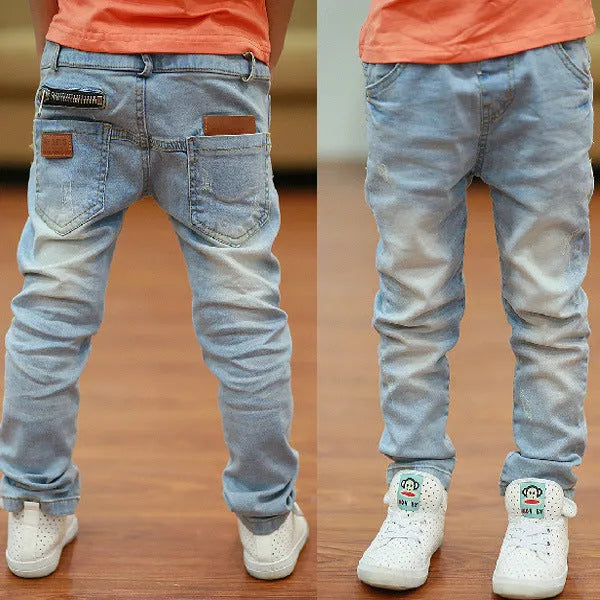 Boys striped harem trousers with elastic waistband in sanded denim fabric