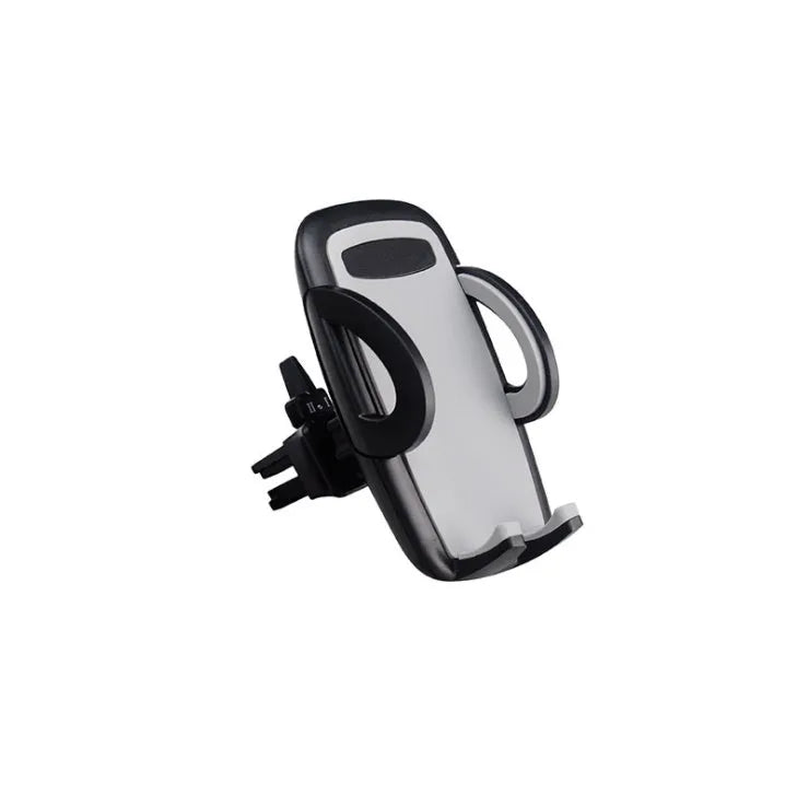 Black plastic car phone holder mounted on air conditioning outlet holding smartphone