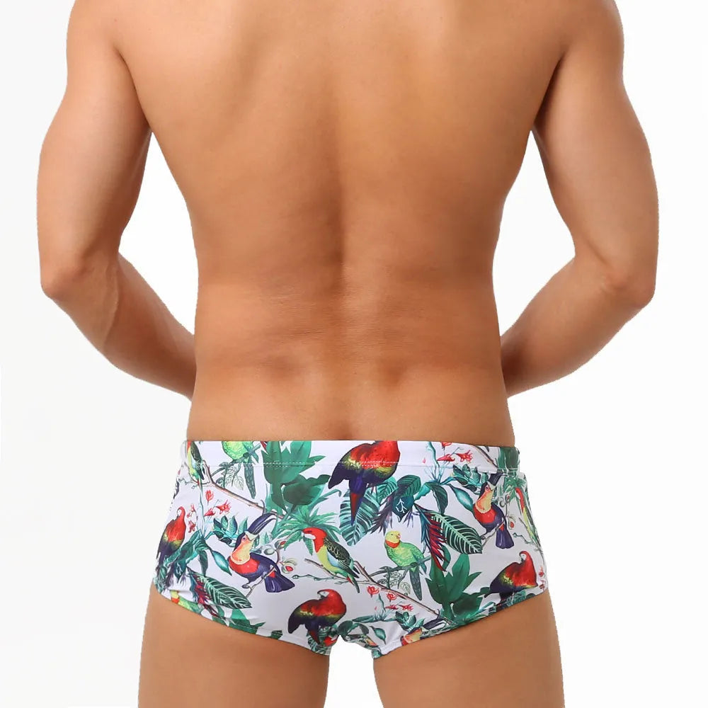Men's flower-bird print swimming trunks with cup cover in nylon fabric