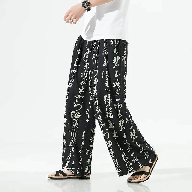 Mens straight-leg trousers in bamboo fibre and ice silk fabric, available in black and khaki colours