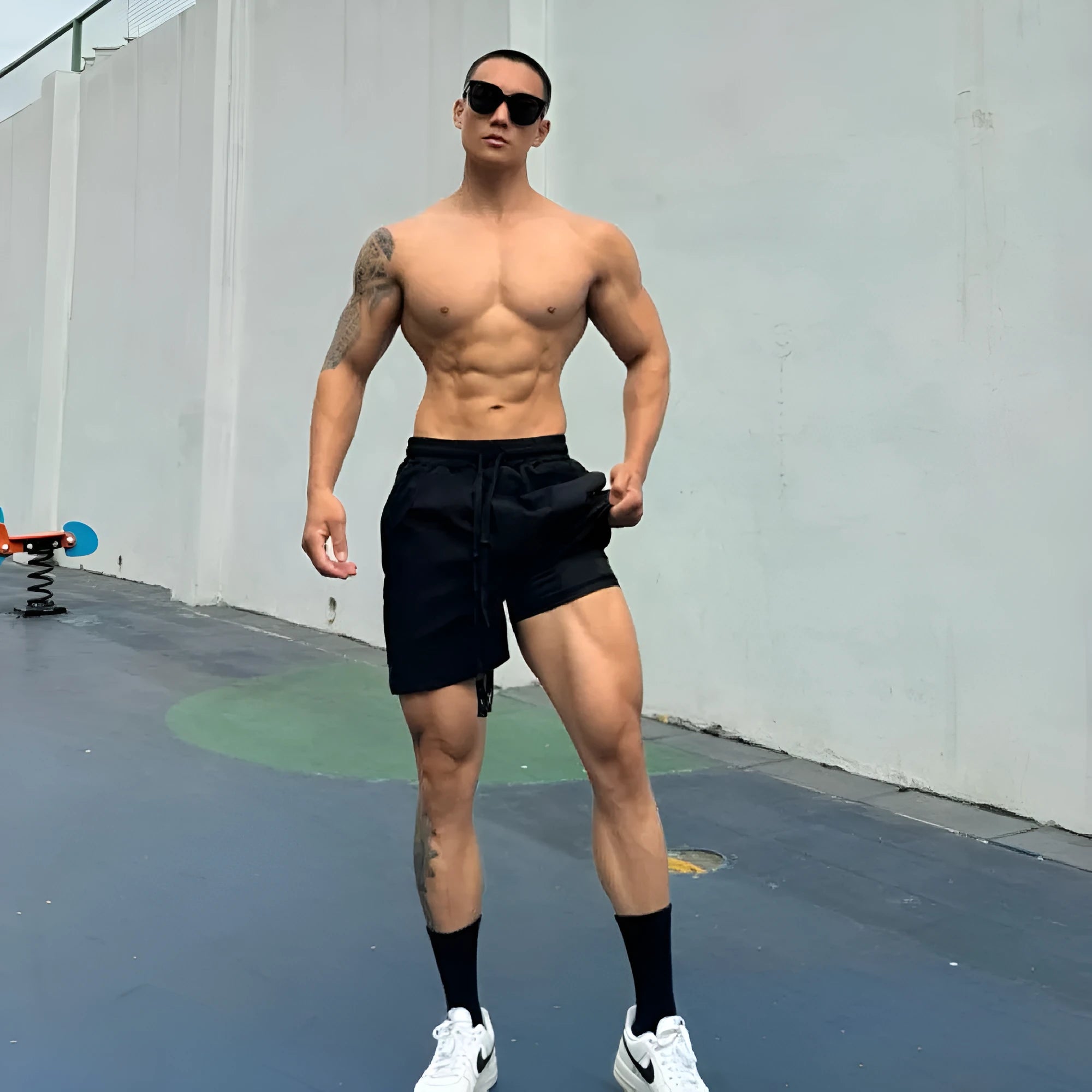 Men's black ice silk quick-drying double-layer casual shorts laid flat