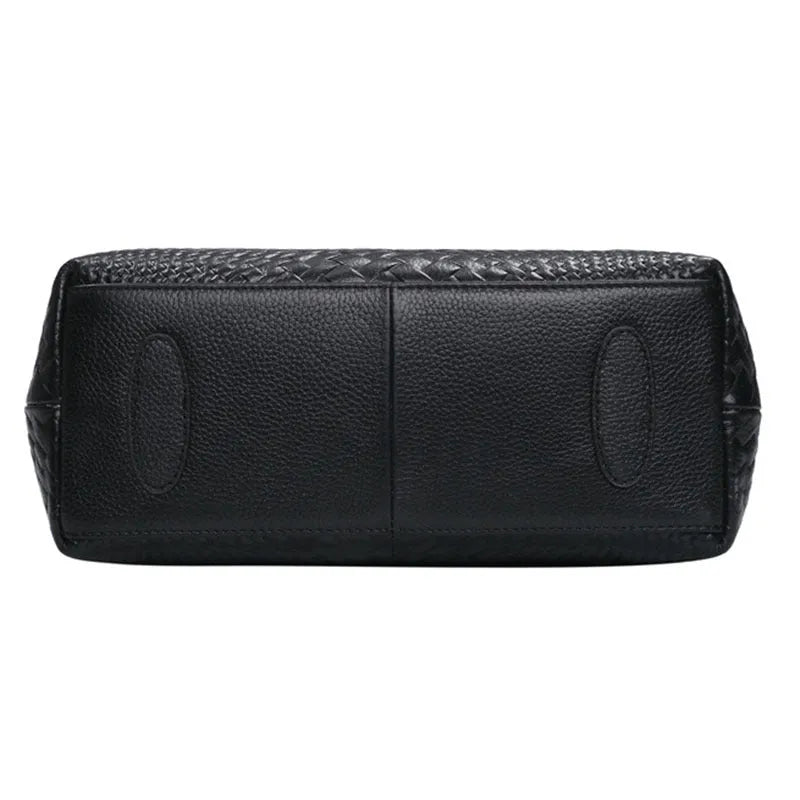 Genuine leather woven crossbody bag black first layer cowhide embossed finish horizontal square shape single shoulder strap