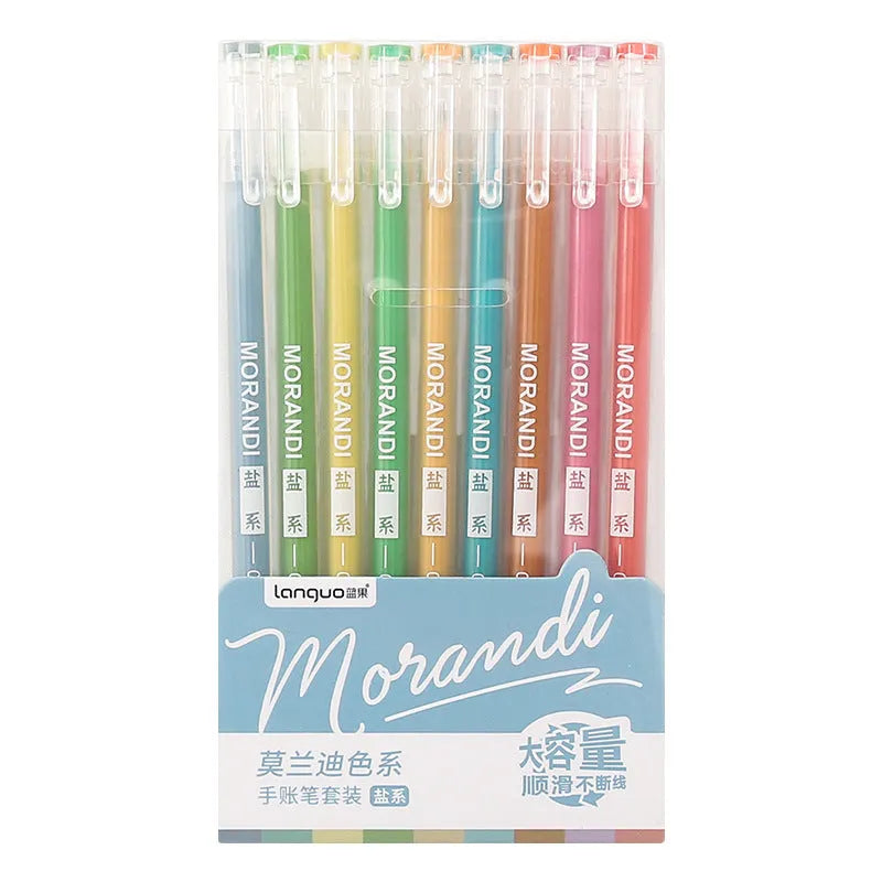 Set of nine colourful 0.5mm needle tip gel pens arranged in a box, showing Nordic, Retro, Salt, and Sweet series options.