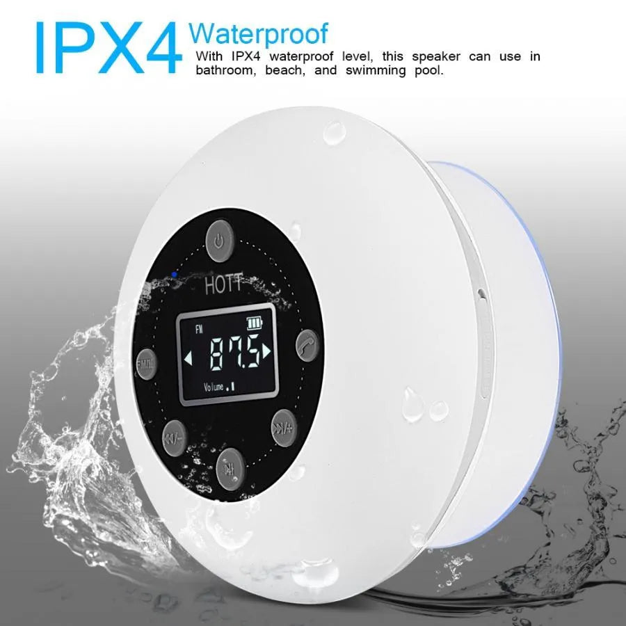 White waterproof Bluetooth speaker for bathroom with 12-hour battery and compact design