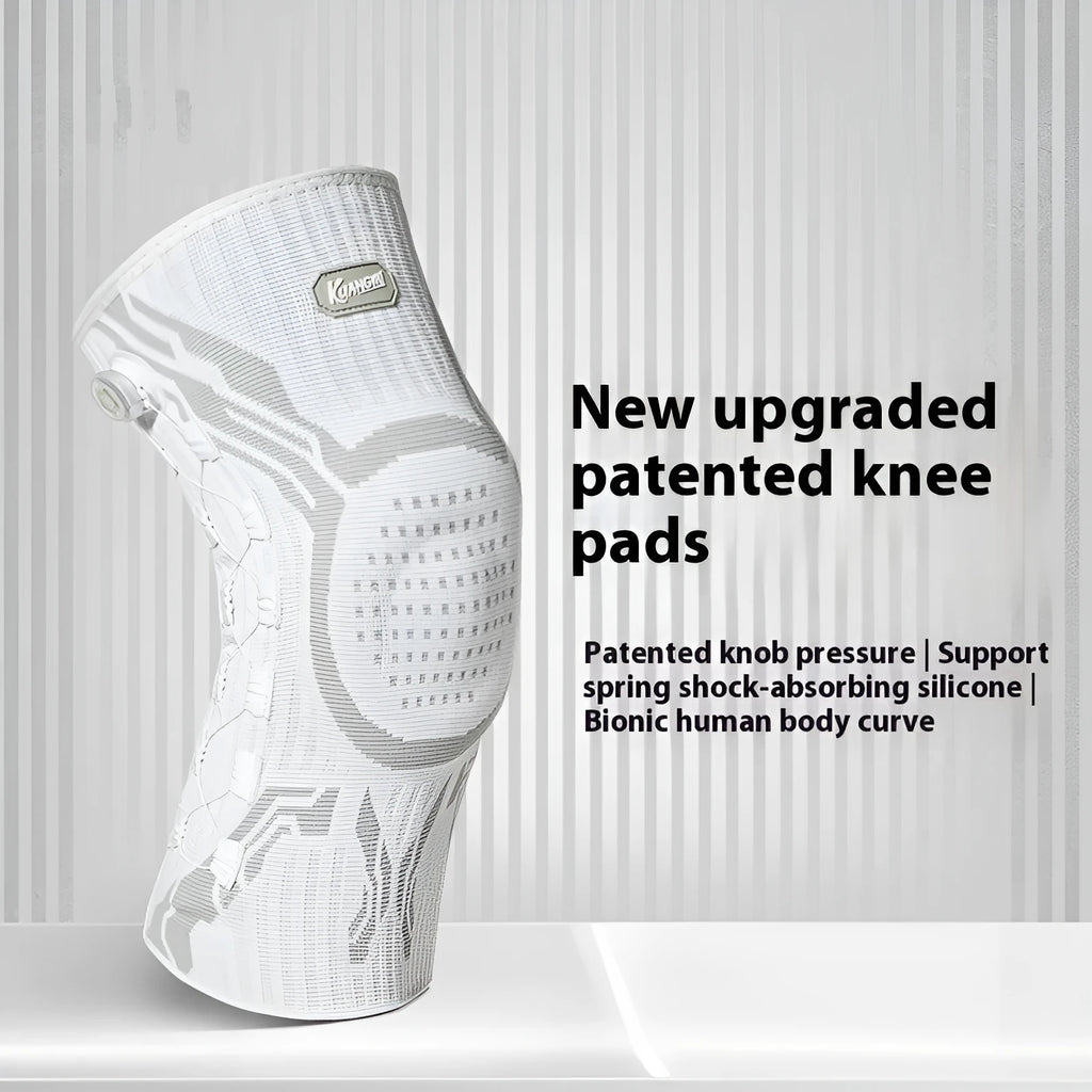 Grey and white sports knee pad for adult men and women, shown in size L.