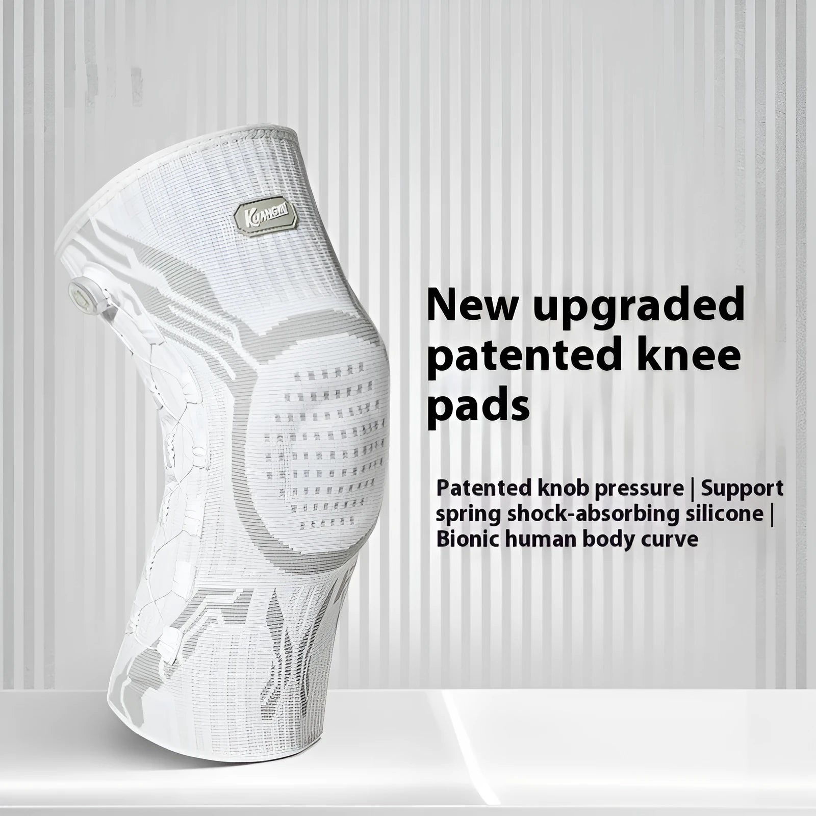 Grey and white sports knee pad for adult men and women, shown in size L.