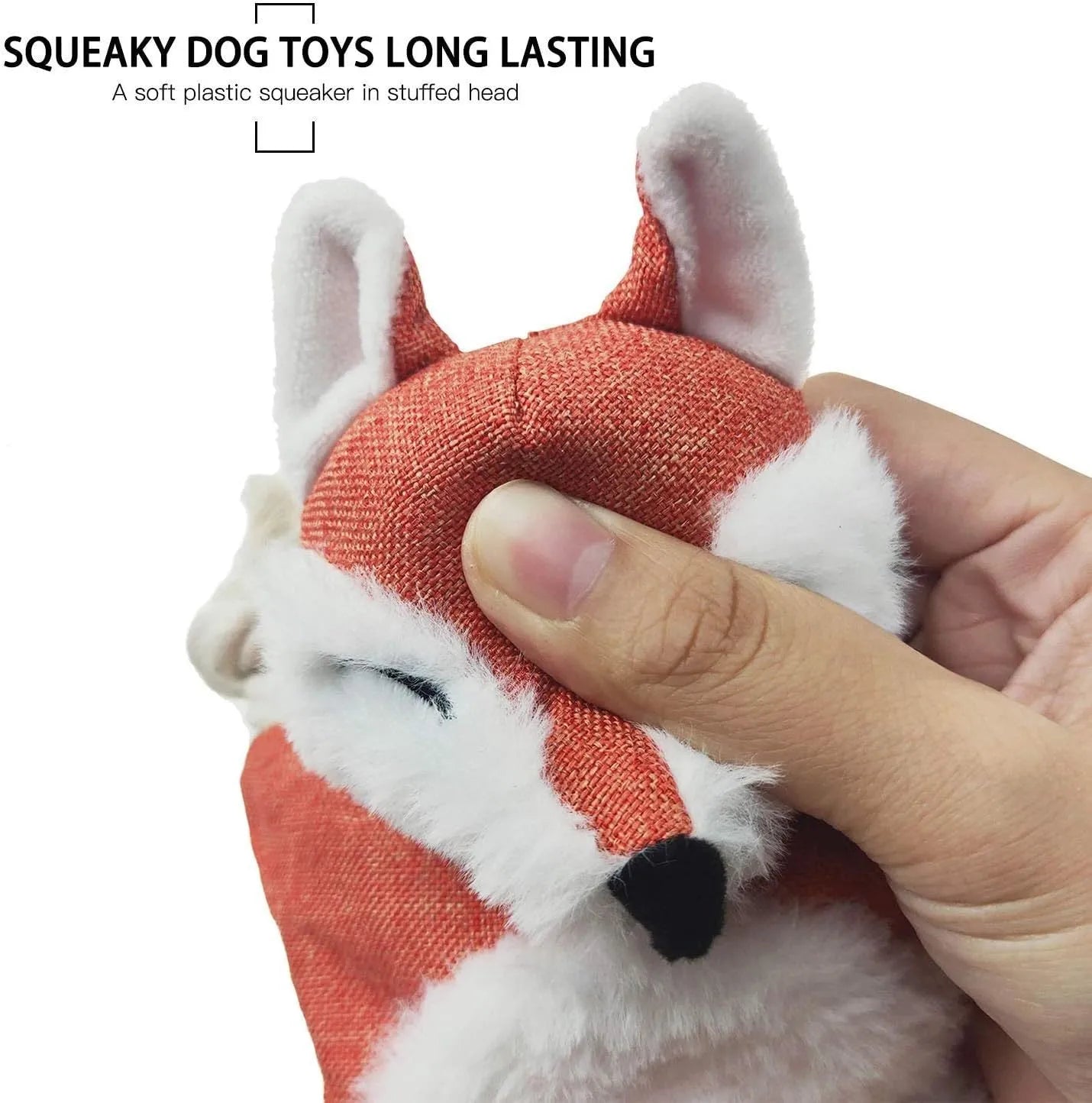 Brown plush fox dog toy with embroidered eyes, cotton rope arms and legs, and a squeaker in its head.