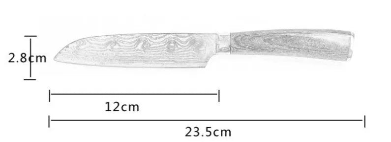 7Cr17 stainless steel kitchen knife with Damascus pattern blade and coloured wood handle on a cutting board.