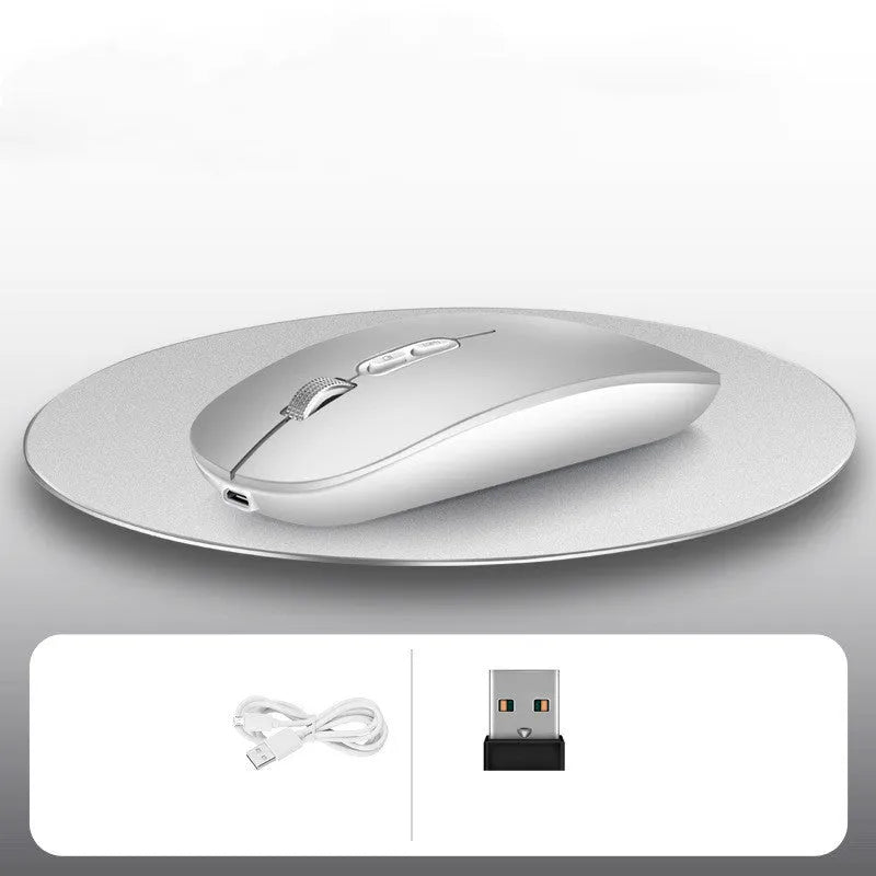 Wireless rechargeable mouse 1600DPI silent mini 2.4GHz black and silver grey with receiver and charging cable