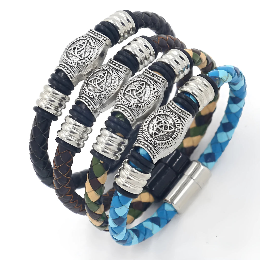 Leather rope hand weaving bracelet with alloy magnetic buckle in black, blue, brown, green colours