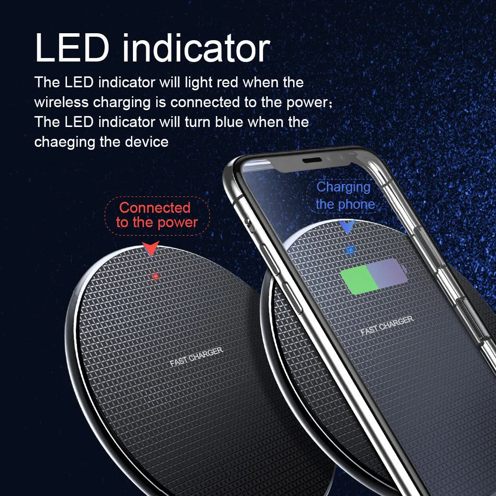 10W wireless charger pad in black, 101mm diameter, slim design for Qi phones