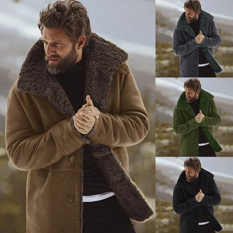 Men's cotton winter jacket with sanded finish, lapel collar, plain pattern, army green colour