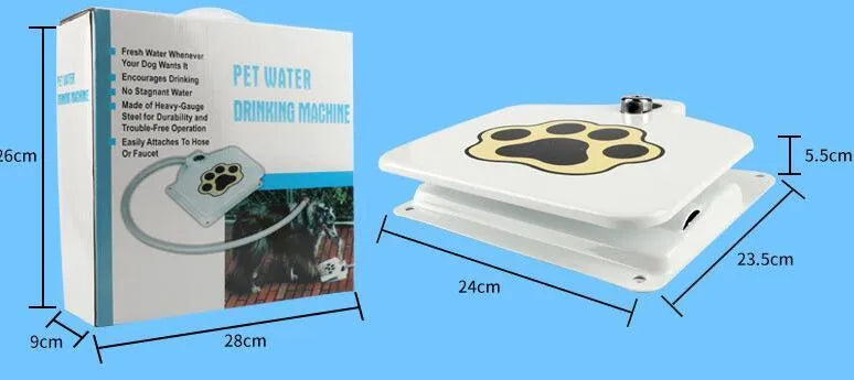 Outdoor dog water fountain in heavy-gauge steel with paw-pad and hose