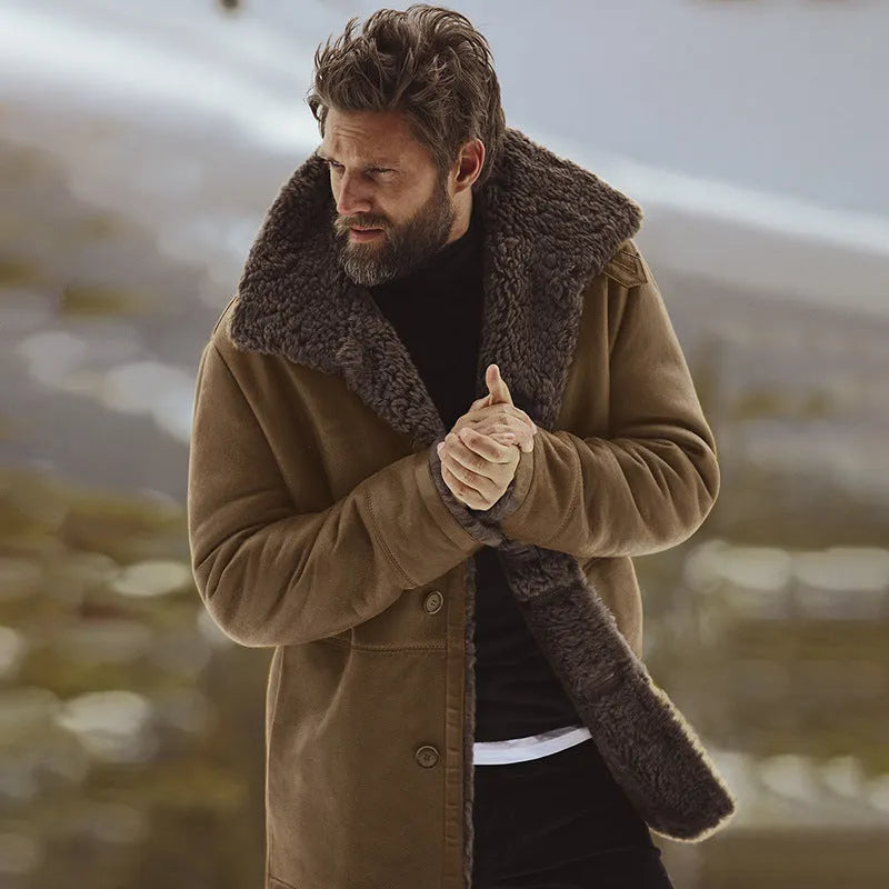 Men's cotton winter jacket with sanded finish, lapel collar, plain pattern, army green colour