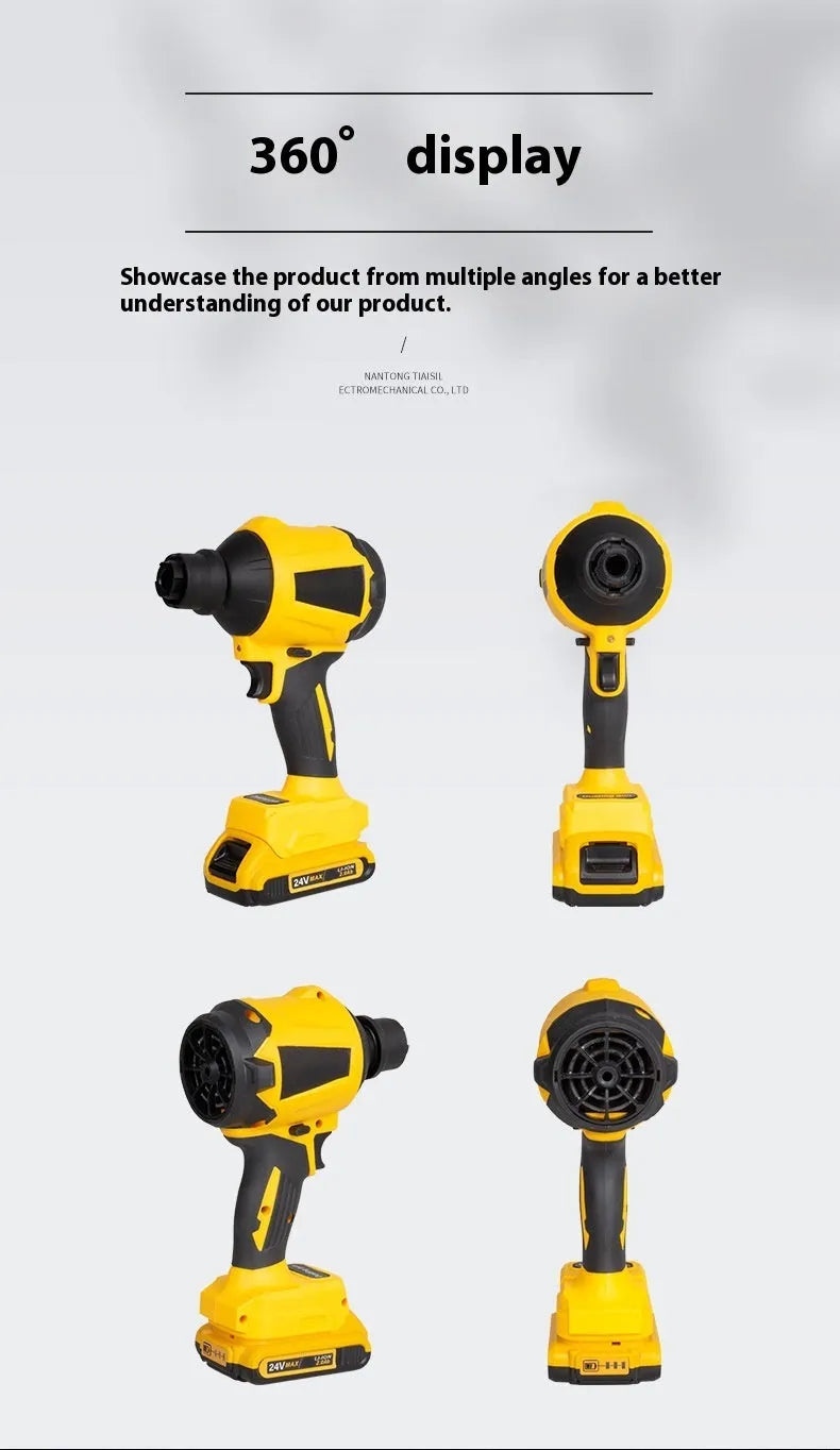 Yellow handheld cordless dust gun or blower for cleaning household and office appliances.